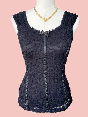 Y2K Black Lace Panel Ribbon Trim Top